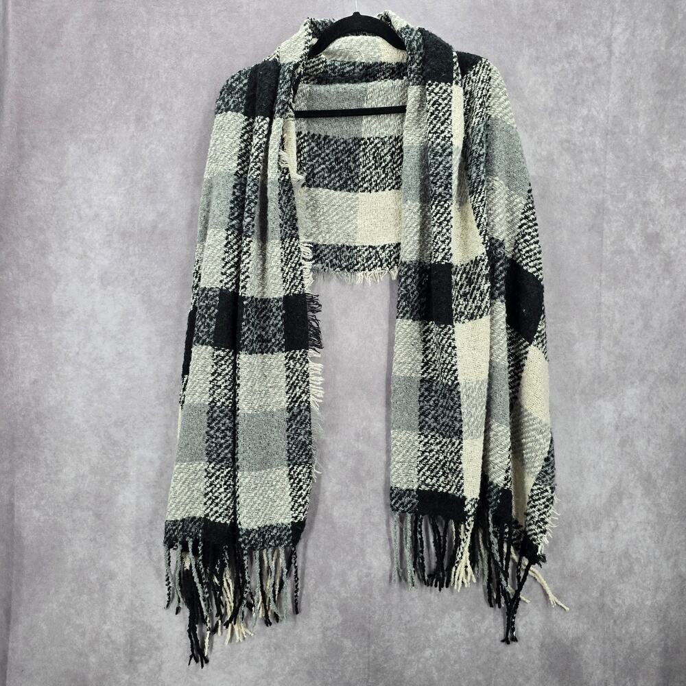 Rampage Black White Plaid Tartan Fringe Tassel Knit Wrap Shawl Scarves Scarf‎